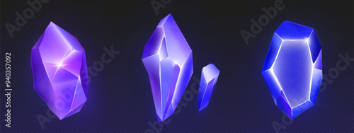 Magic neon glowing colour gem stone crystal on black background. Realistic 3d vector illustration set of fantasy shiny treasure gemstones. Precious jewel mineral rock cluster. Shiny crystalline piece.