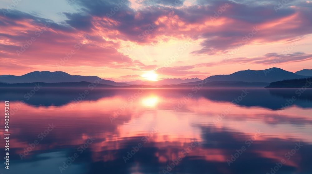 Sunset over a calm lake with reflections of the sky and distant mountains, tranquil and peaceful landscape scene Sunset over a calm lake with reflections of the sky and distant mountains, tranquil and peaceful landscape scene