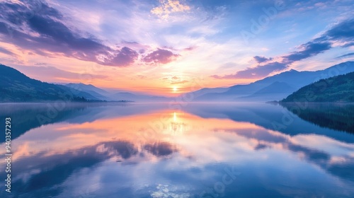 Sunset over a calm lake with reflections of the sky and distant mountains, tranquil and peaceful landscape