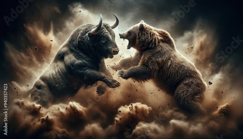 A ferocious clash between a mighty bull and a fearsome grizzly bear, surrounded by clouds of dust and debris, their powerful bodies locked in mortal combat, fierce expressions capturing the raw primal photo