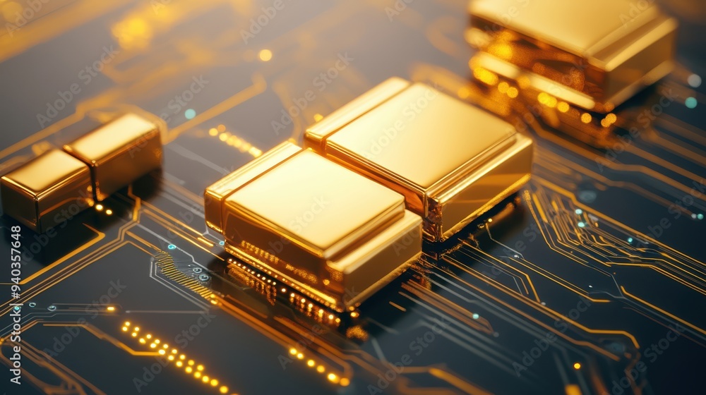 Close-up of gold electronic components on a circuit board, showcasing technology and innovation in digital design. Close-up of gold electronic components on a circuit board, showcasing technology and innovation in digital design.