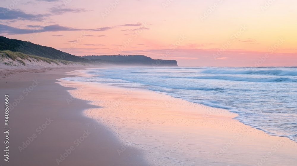 Sunset over a tranquil beach with gentle waves lapping at the shore, soft pink and orange hues in the sky, peaceful coastal landscape Sunset over a tranquil beach with gentle waves lapping at the shore, soft pink and orange hues in the sky, peaceful coastal landscape