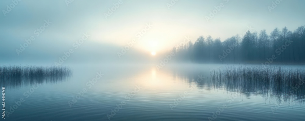 Obraz premium Drifting fog over a still lake at dawn, foggy weather, calm and ethereal