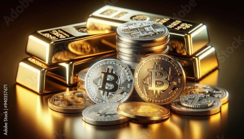 A close-up of Bitcoin and other cryptocurrency coins in metallic and golden colors, stacked on top of shiny gold bars, illustration of the concept of digital currency and its value compared to traditi photo