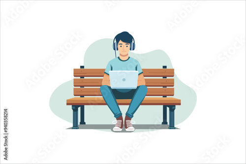 Man with laptop working in park vector illustration. Young guy sitting on bench using computer for freelance work, remote job over public garden landscape. Student, worker or tourist with pc