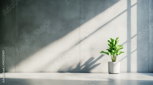 A minimalist interior featuring a potted plant casting shadows on a concrete wall illuminated by natural light.