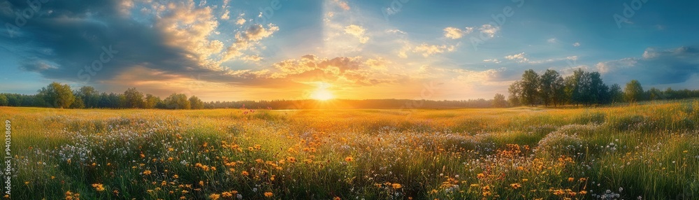 Sunshine breaking through the clouds over a blooming meadow, mixed weather, renewal Sunshine breaking through the clouds over a blooming meadow, mixed weather, renewal