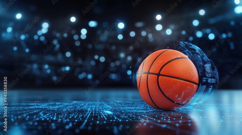 A vibrant basketball rolling on a digital court, illuminated by blue lights, capturing the essence of dynamic sports action. A vibrant basketball rolling on a digital court, illuminated by blue lights, capturing the essence of dynamic sports action.