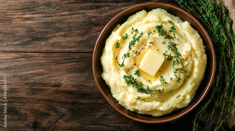 Top view of a bowl of creamy mashed potatoes with a pat of butter and fresh herbs on a dark wooden table Top view of a bowl of creamy mashed potatoes with a pat of butter and fresh herbs on a dark wooden table