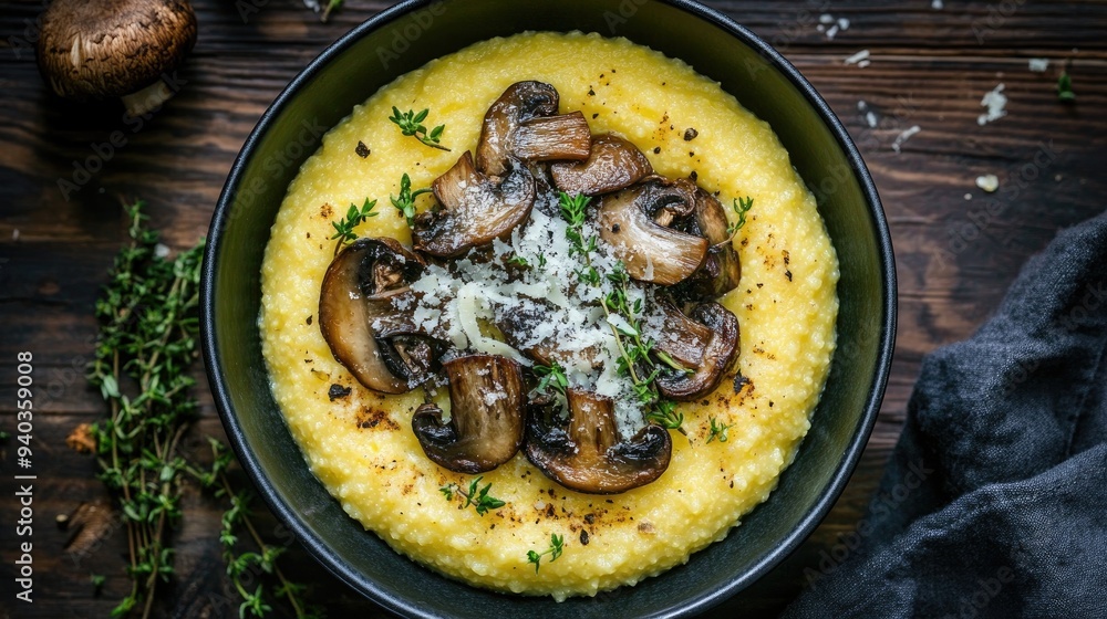 Top view of a bowl of creamy polenta with grilled mushrooms and parmesan on a dark wooden table, comforting side dish Top view of a bowl of creamy polenta with grilled mushrooms and parmesan on a dark wooden table, comforting side dish