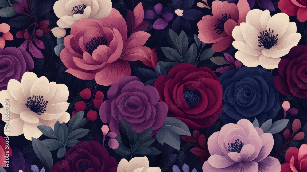A vibrant floral pattern featuring an array of colorful roses and anemones against a dark background. A vibrant floral pattern featuring an array of colorful roses and anemones against a dark background.