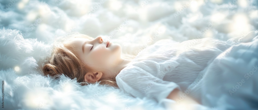 A serene moment of a child peacefully resting on fluffy clouds, emanating a dreamy and ethereal atmosphere. A serene moment of a child peacefully resting on fluffy clouds, emanating a dreamy and ethereal atmosphere.
