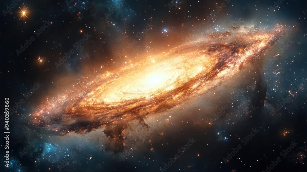 Fototapeta premium An image of a bright nebula in space, floating among stars and galaxies.