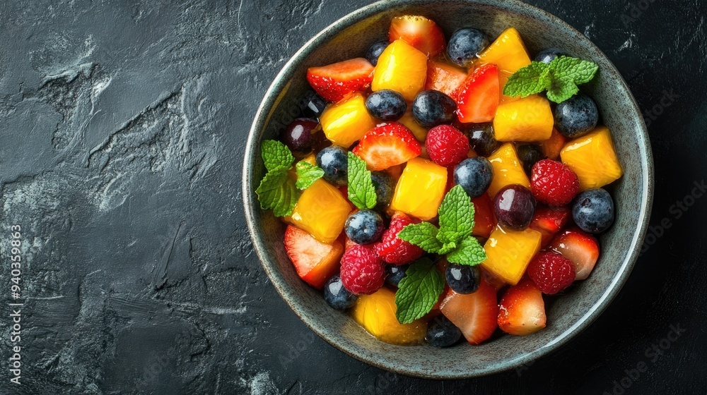 Top view of a bowl of fresh fruit salad with honey and mint on a dark rustic surface, healthy and refreshing Top view of a bowl of fresh fruit salad with honey and mint on a dark rustic surface, healthy and refreshing