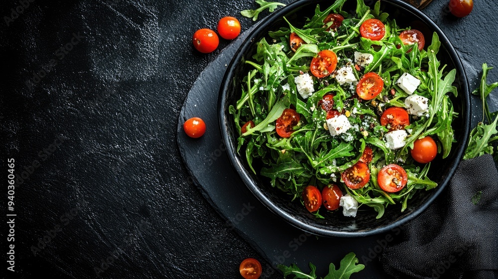 Top view of a bowl of fresh salad with arugula, cherry tomatoes, and feta cheese on a dark slate plate Top view of a bowl of fresh salad with arugula, cherry tomatoes, and feta cheese on a dark slate plate