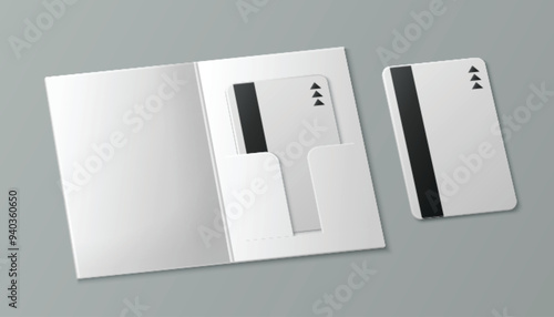 Bank card mockups set isolated on background. Vector realistic illustration of blank plastic credit card with magnetic stripe in paper envelope, shopping discount symbol, online payment, cashback icon