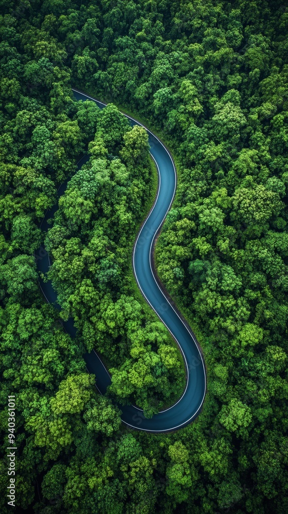 Aerial View of Lush Green Forest with Winding Road: Sustainable Tourism and Environmental Conservation Concept. Scenic Landscape for Travel Marketing, World Environment Day Campaigns, and Traffic Mana Aerial View of Lush Green Forest with Winding Road: Sustainable Tourism and Environmental Conservation Concept. Scenic Landscape for Travel Marketing, World Environment Day Campaigns, and Traffic Mana