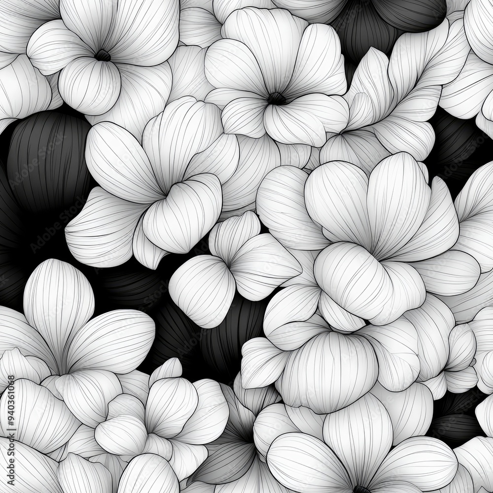 Black and White Floral Pattern, Line Art Flowers Seamless Illustration Black and White Floral Pattern, Line Art Flowers Seamless Illustration