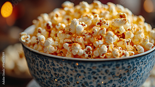 a bowl of popcorn in a bowl with a glowing blue rim.