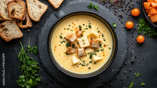 Wallpaper Mural Top view of a gourmet cheese fondue with bread cubes and vegetables on a dark slate background Torontodigital.ca