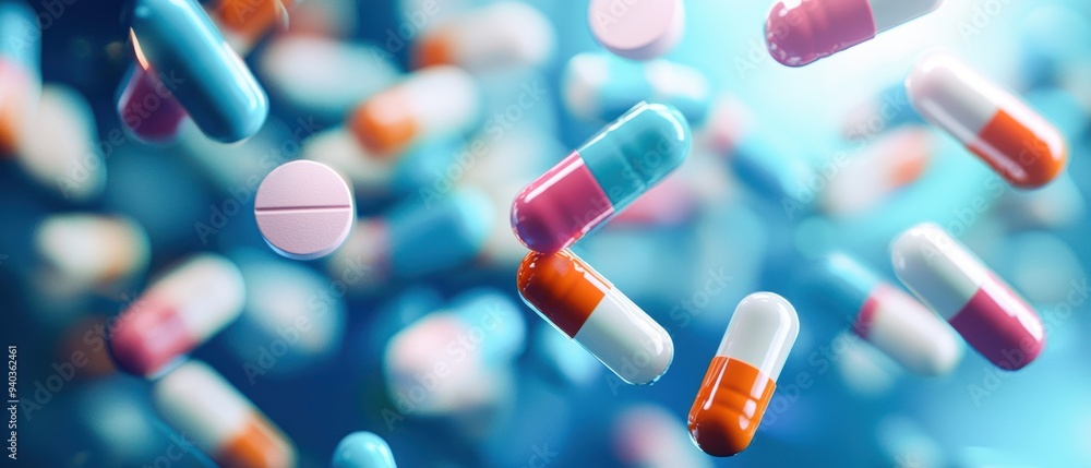 Colorful capsules and tablets floating in a vibrant background, representing health, medicine, and pharmaceutical concepts. Colorful capsules and tablets floating in a vibrant background, representing health, medicine, and pharmaceutical concepts.
