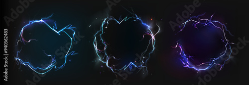 Round lightning frames set isolated on black background. Vector realistic illustration of circular thunder bolt borders glowing in neon colors, electric energy discharge effect, magic power strike
