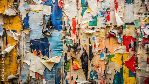 vibrant tapestry of peeling posters on a weathered wooden wall, showcasing the raw beauty of urban decay and the enduring power of art texture abstract background 