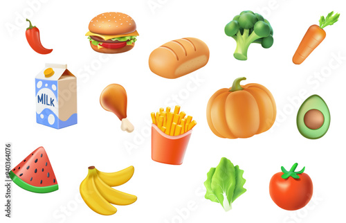 Food 3D icons set. Vector illustration pumpkin, rosemary, carrot, basket, bread, avocado, broccoli, lemon, milk, pepper, watermelon, potatoe, strawberry, pomegranate, beetroot, cup, chicken and burger