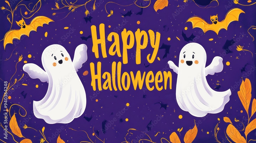 A poster of two ghosts with the words Happy Halloween written below them. A poster of two ghosts with the words Happy Halloween written below them.