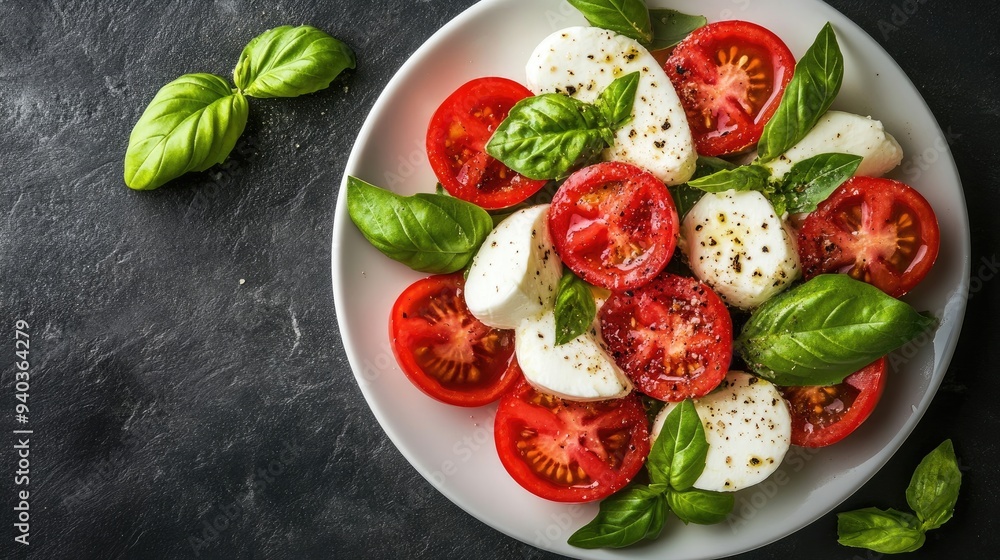Top view of a plate of fresh caprese salad with tomatoes, mozzarella, and basil on a dark slate background Top view of a plate of fresh caprese salad with tomatoes, mozzarella, and basil on a dark slate background