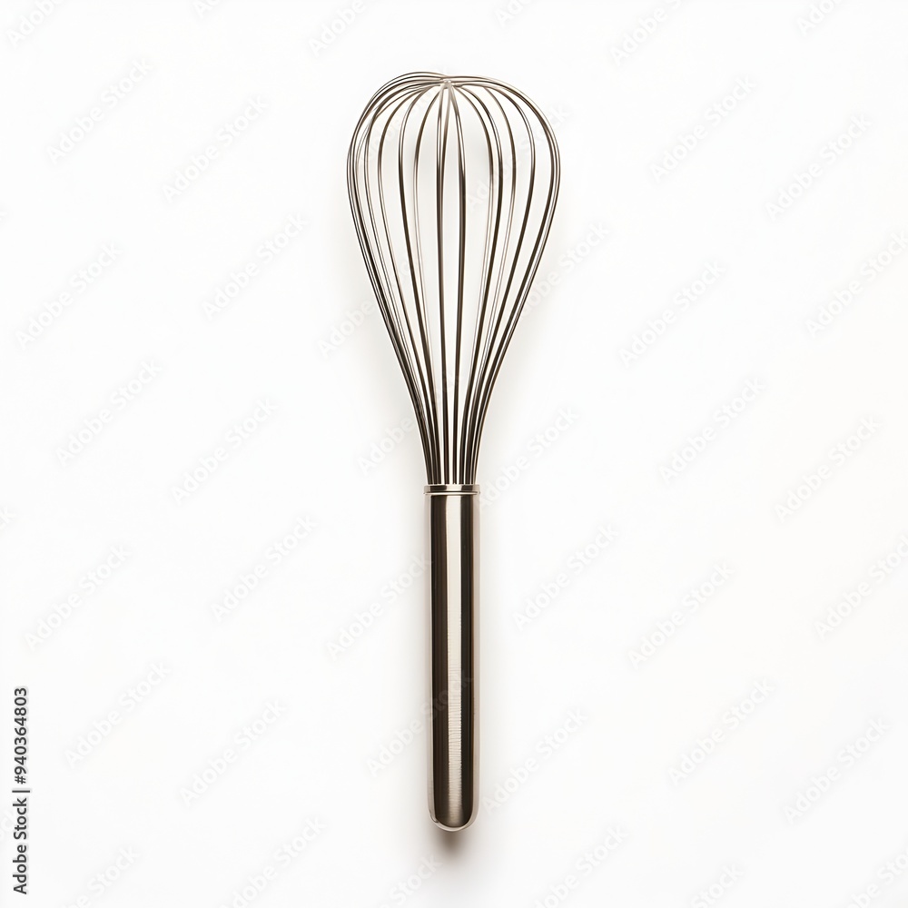A stainless steel whisk positioned at the center of a clean white background The metallic reflective surface of the kitchen utensil creates a minimalist modern and elegant still life composition A stainless steel whisk positioned at the center of a clean white background The metallic reflective surface of the kitchen utensil creates a minimalist modern and elegant still life composition