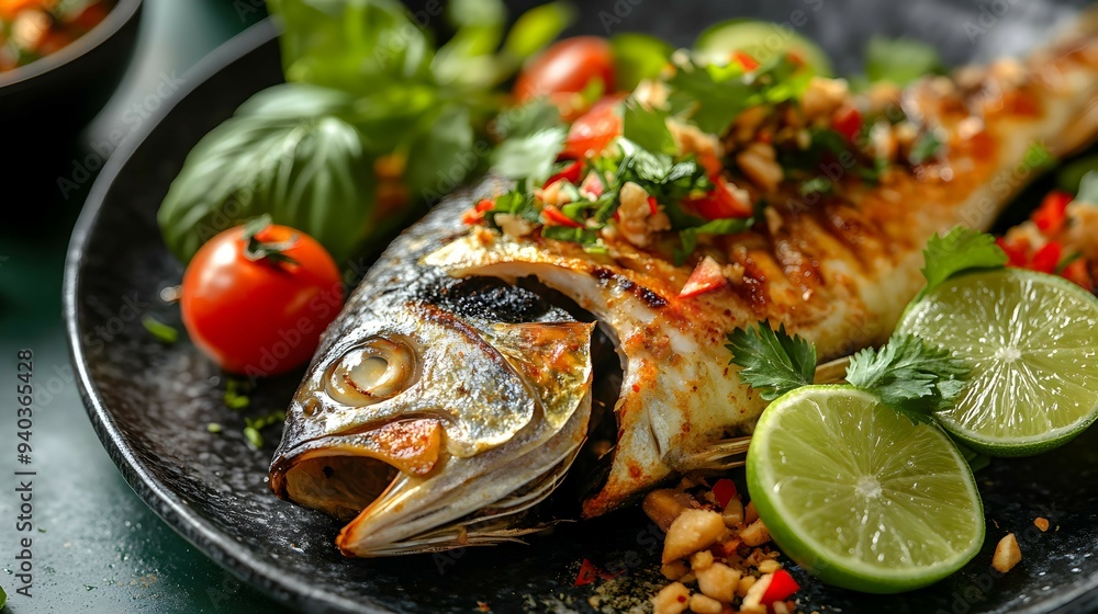 Grilled Fish with Lime Tomato and Herbs on Black Plate Grilled Fish with Lime Tomato and Herbs on Black Plate