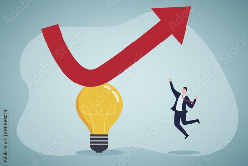 Businessman finding solution to achieve target, brainstorming, good idea for new project, business strategy turning losses into profits. Employee jumping up to cheer for growth.