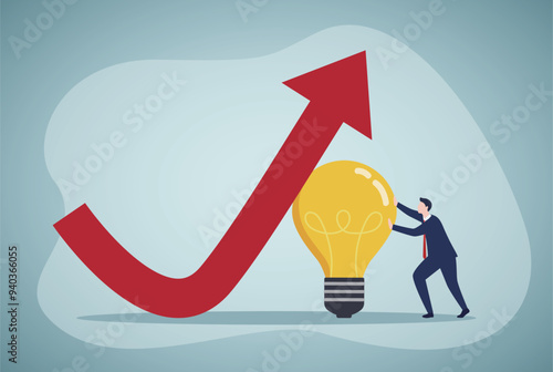 Businessman finding solution to achieve target, brainstorming, good idea for new project, business strategy turning losses into profits. Employee pushing light bulb to raise arrow for growth.
