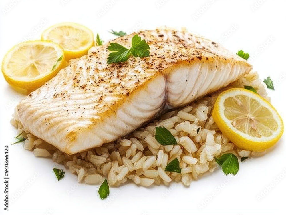 Fresh Fillet of Fish and Brown Rice with Lemon Slices on White Background, Generative Ai Fresh Fillet of Fish and Brown Rice with Lemon Slices on White Background, Generative Ai