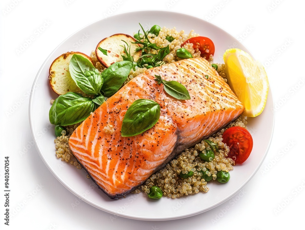 Fresh Salmon with Quinoa and Basil on White Plate under Studio Light, Generative Ai Fresh Salmon with Quinoa and Basil on White Plate under Studio Light, Generative Ai