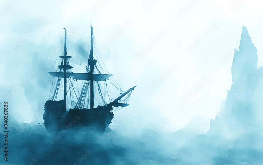 Obraz premium Ghostly pirate ship, emerging from the depths, eerie fog, Watercolor style