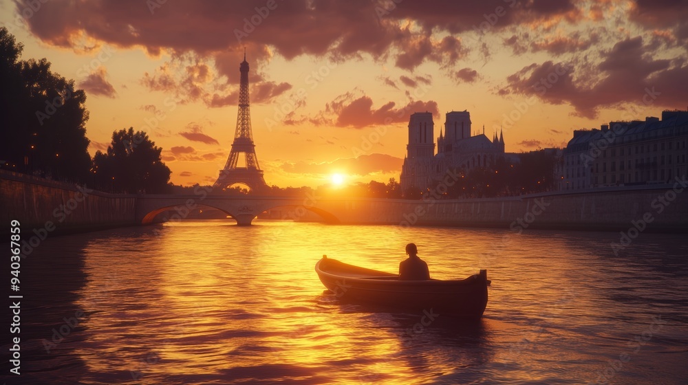 Naklejka premium A serene sunset boat ride on the Seine, with iconic landmarks and a calm, peaceful atmosphere.