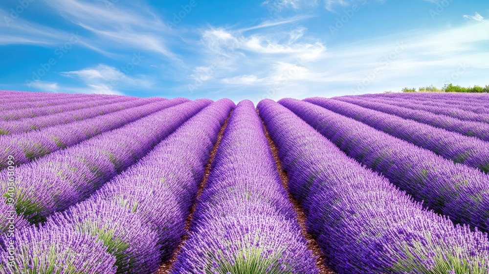 Obraz premium Vast lavender field in full bloom under a bright blue sky, rows of vibrant purple flowers stretching into the d