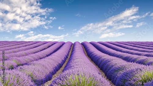 Vast lavender field in full bloom under a bright blue sky, rows of vibrant purple flowers stretching into the d