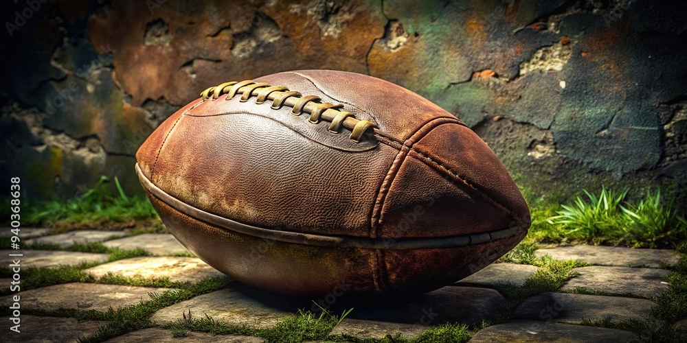 Obraz premium A worn, vintage leather football sits on a rough, stone-textured surface, surrounded by faint grassy streaks and subtle shadows, evoking a sense of nostalgic athletic nostalgia.