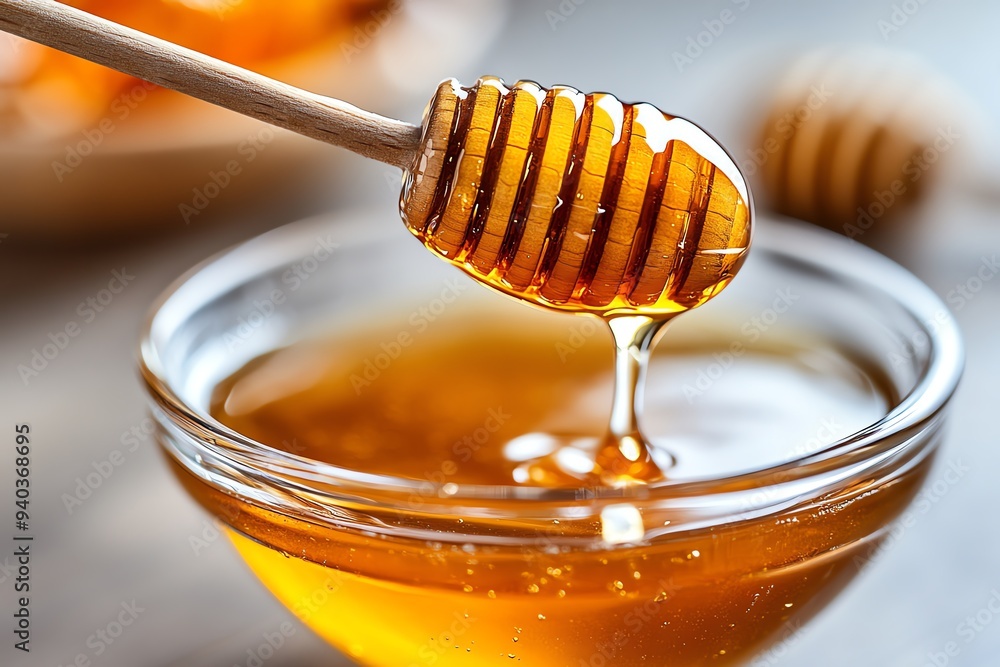 A spoonful of honey held over a bowl of porridge, with the honey slowly dripping into the warm, comforting breakfast A spoonful of honey held over a bowl of porridge, with the honey slowly dripping into the warm, comforting breakfast