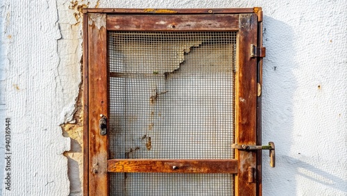 A worn, rusty screen door with torn mesh and loose hinges leans against a white wall, awaiting repair and replacement with new hardware. photo