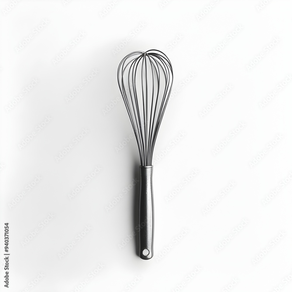 Close up shot of a metal whisk placed at the center of a light colored surface showcasing its sleek minimalist design The shiny cylindrical shape of the utensil creates a geometric Close up shot of a metal whisk placed at the center of a light colored surface showcasing its sleek minimalist design The shiny cylindrical shape of the utensil creates a geometric