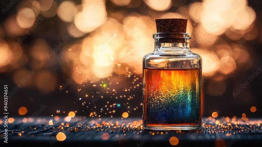 A single large glass bottle with a cork stopper, filled with a gradient of rainbow-colored liquid and sparkling stars, placed on a wooden table with warm ambient lighting A single large glass bottle with a cork stopper, filled with a gradient of rainbow-colored liquid and sparkling stars, placed on a wooden table with warm ambient lighting