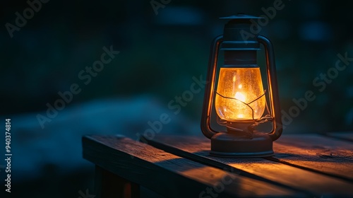 A kerosene lamp with a glowing wick sits on a wooden table at dusk.