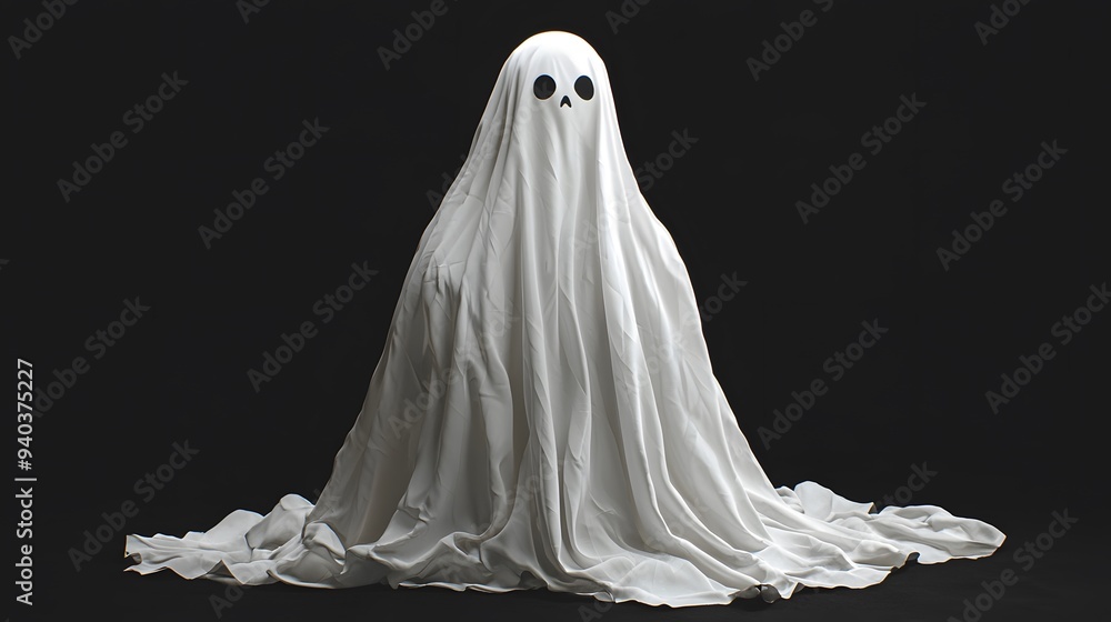 Cute ghost figure draped in white fabric with black eyes against a dark background. Cute ghost figure draped in white fabric with black eyes against a dark background.