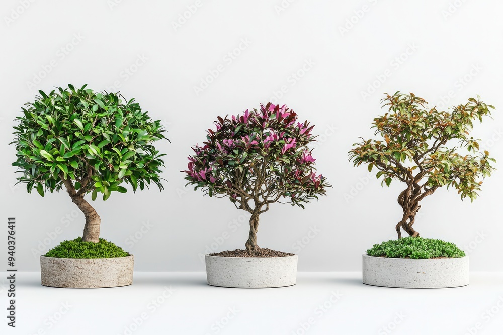 Three decorative bonsai trees in minimalist pots Three decorative bonsai trees in minimalist pots