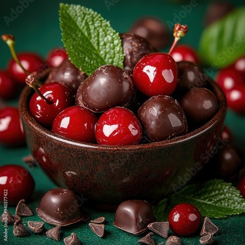 Fresh cherries on a dark green surface surround a rustic bowl filled with luscious chocolate-covered cherries, captured in a close-up, perfect for a gourmet indulgence.