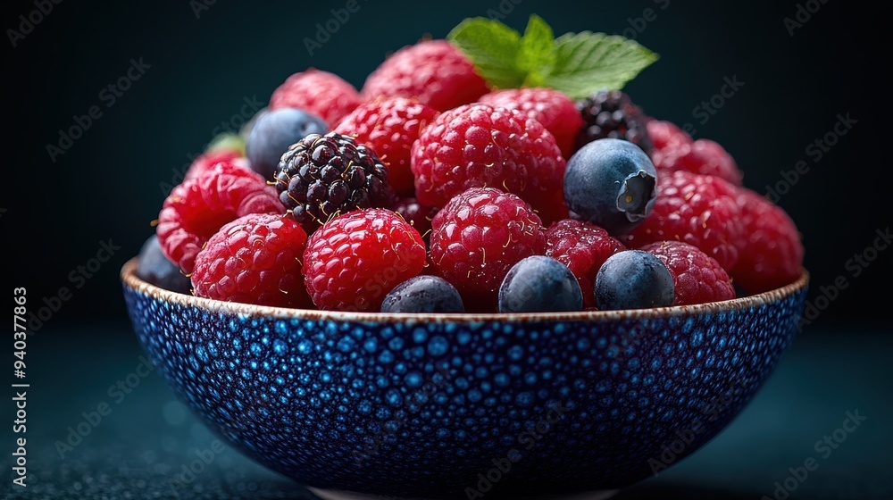 A vibrant assortment of fresh raspberries, blueberries, and blackberries served in a blue ceramic bowl, capturing the freshness and color of the berries. A vibrant assortment of fresh raspberries, blueberries, and blackberries served in a blue ceramic bowl, capturing the freshness and color of the berries.